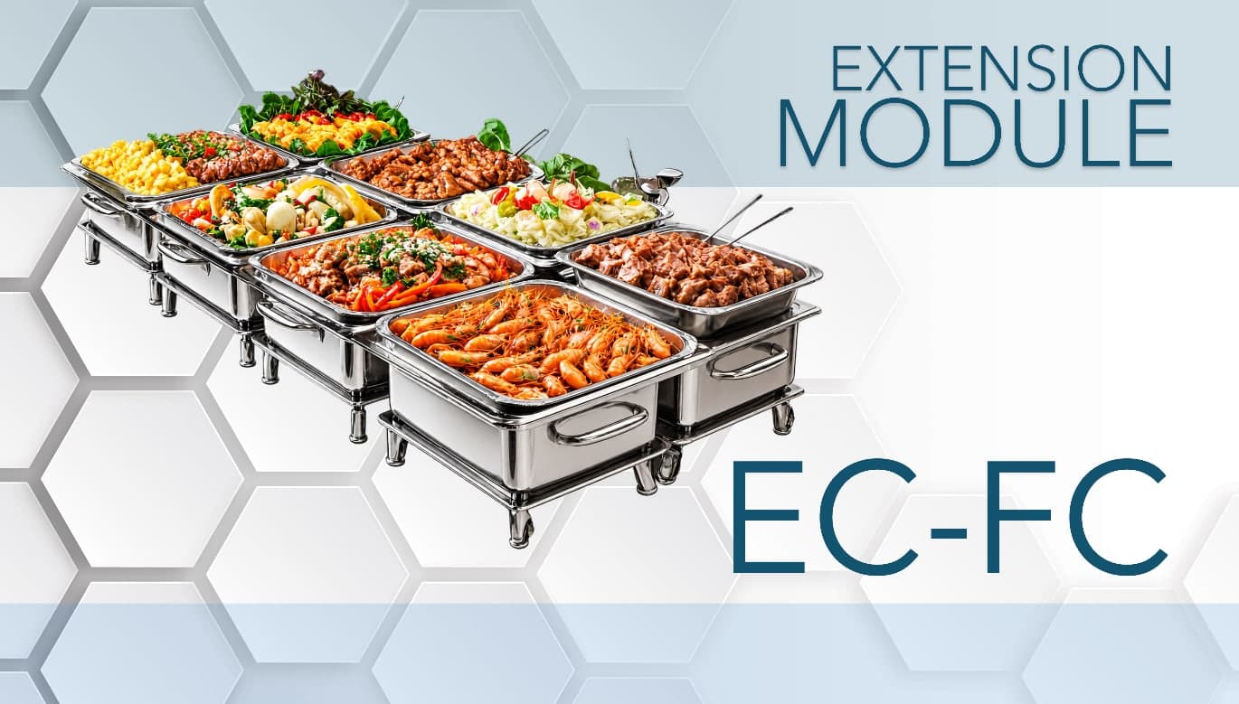 Canteen and institutional catering equipment: buffet, serving counter, dining room, cookware, refrigerator and kitchen