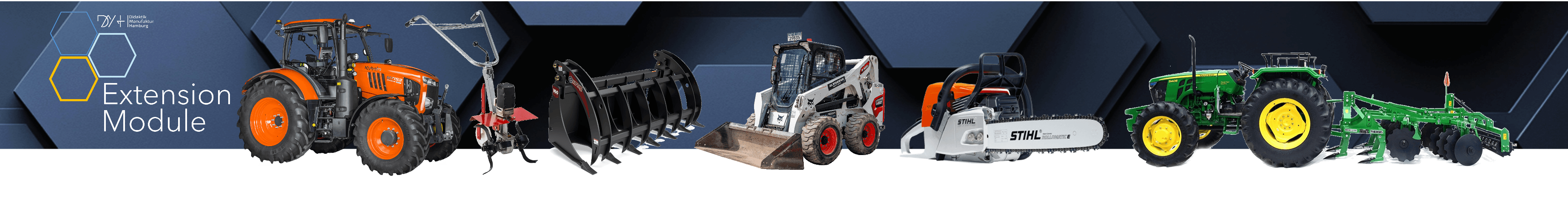 Agriculture department training workshop with farm machinery and laboratory equipment