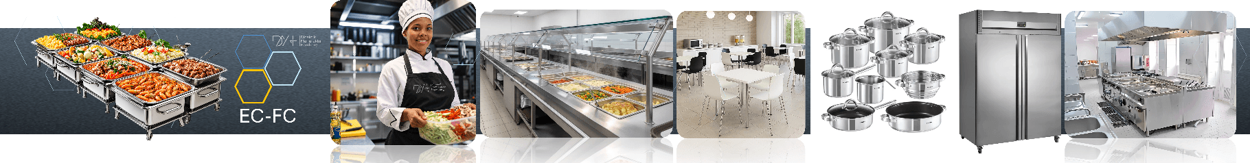 Canteen and institutional catering equipment: buffet, serving counter, dining room, cookware, refrigerator and kitchen