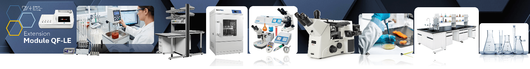 Extension module QF-LE — food quality control laboratory: analysers, microscopes, incubator, laboratory furniture and glassware