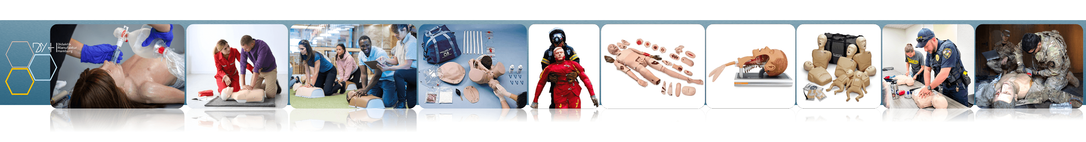 Examples of first aid and emergency vocational training equipment and practice