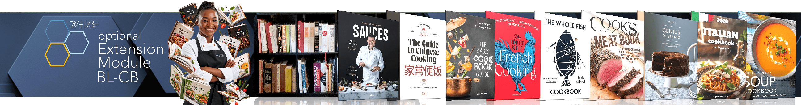 Collection of professional culinary cookbooks on a shelf
