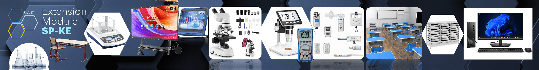 Extension module classroom equipment — interactive displays, tablets, microscopes, measuring instruments, classroom furniture and computers
